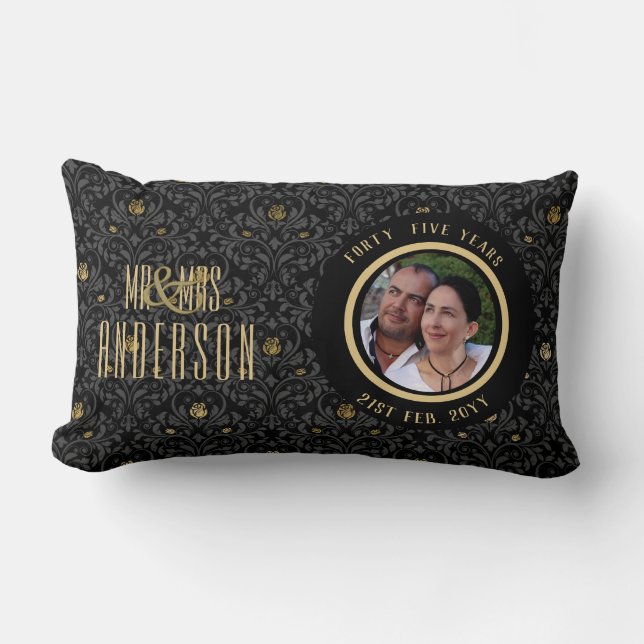 PHOTO Wedding Anniversary ANY Black Gold Ornate Lumbar Pillow (Front)