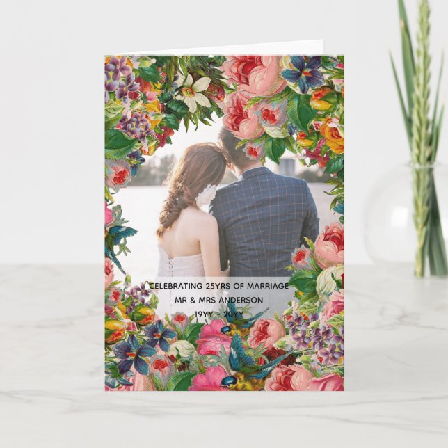 PHOTO Wedding Anniversary - Vintage ROSES Floral Card (Front)