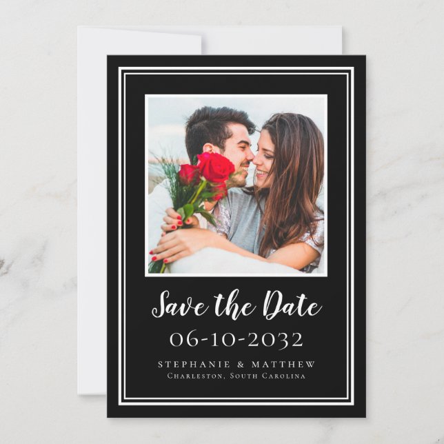 Photo Wedding Engagement Couple Modern Black White Save The Date (Front)