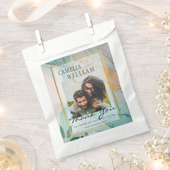 PHOTO WEDDING FAVOR BAGS Sea Glass Teal Gold Ink (Clipped)