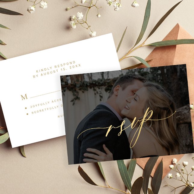 Photo wedding gold calligraphy script modern RSVP card (Creator Uploaded)