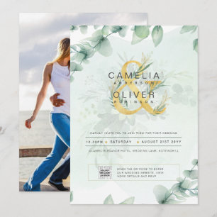 Photo Wedding Invitation Botanical Greenery Gold
