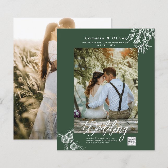 Photo Wedding Invitation JUNIPER GREEN Modern   (Front/Back)