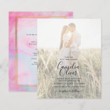 PHOTO WEDDING INVITATION Pink Aqua Blue Gold INK
