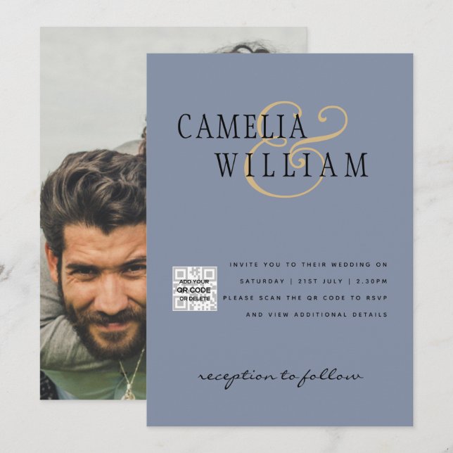 Photo Wedding Invitation QRCode RSVP Dusty Blue (Front/Back)