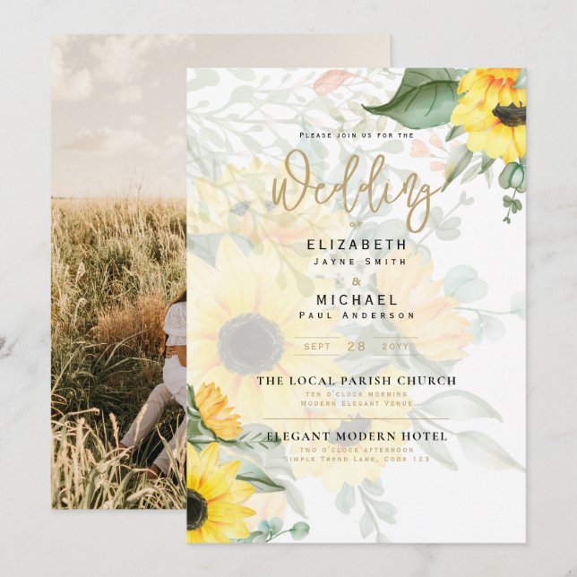 Photo Wedding Invitation with Sunflowers (Front/Back)
