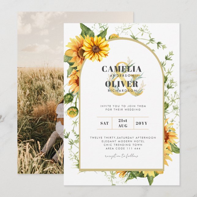 Photo Wedding Invitation with Sunflowers (Front/Back)