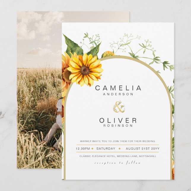 Photo Wedding Invitation with Sunflowers (Front/Back)