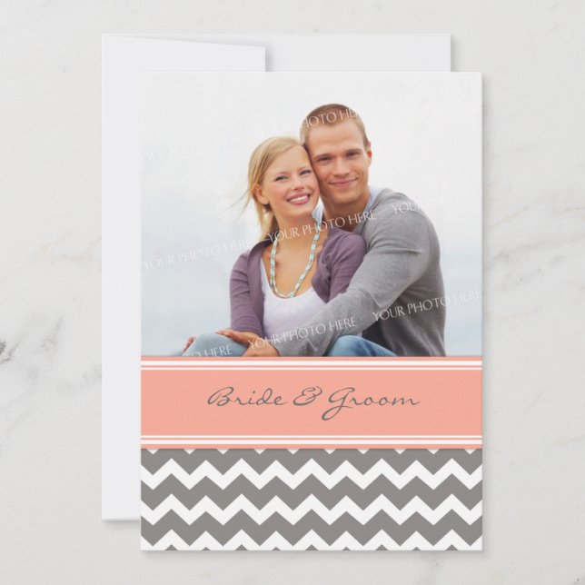 Photo Wedding Invitations Grey Coral Chevron (Front)