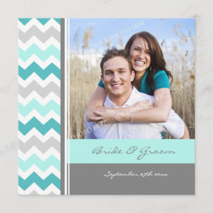 Photo Wedding Invitations Grey Teal Chevron