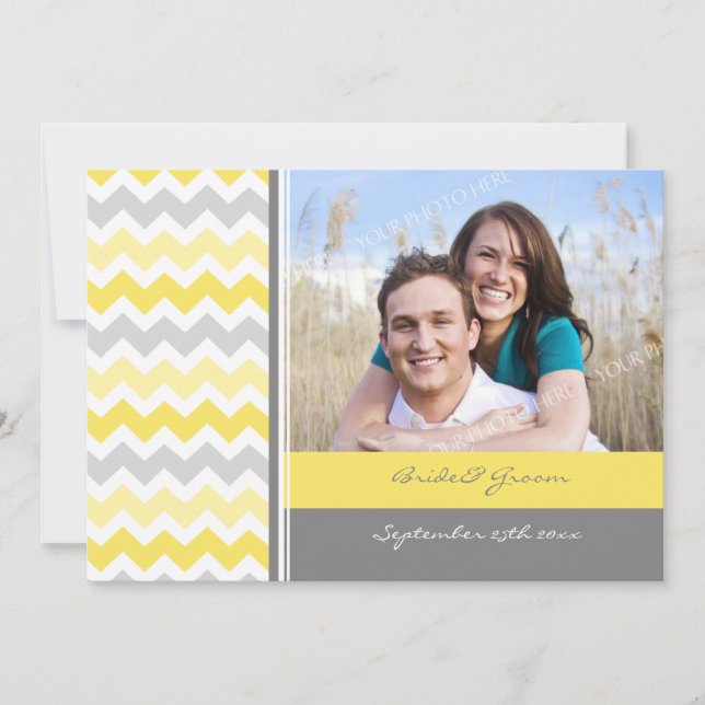 Photo Wedding Invitations Grey Yellow Chevron (Front)