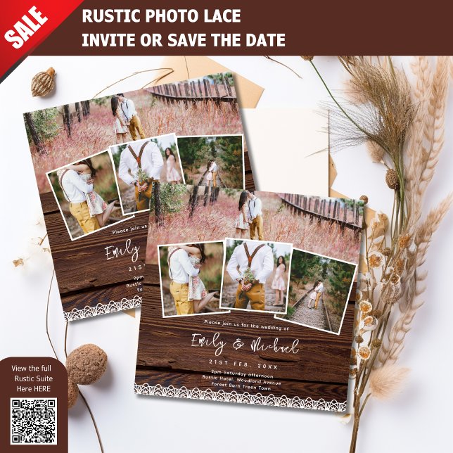 PHOTO WEDDING INVITATIONS RUSTIC LACE BOHO square (Creator Uploaded)