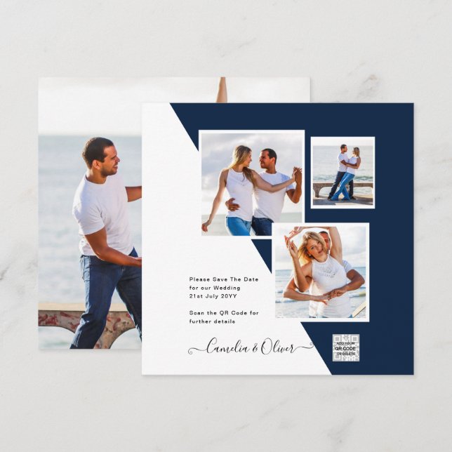 PHOTO Wedding Invite QR Code Save Date BLUE (Front/Back)