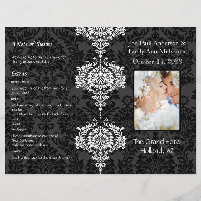 Photo Wedding Program Black Grey & White Damask (Front)