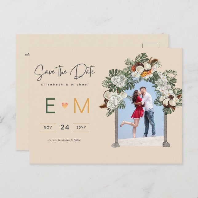 Photo Wedding Save the Date Cream Floral Postcard (Front/Back)