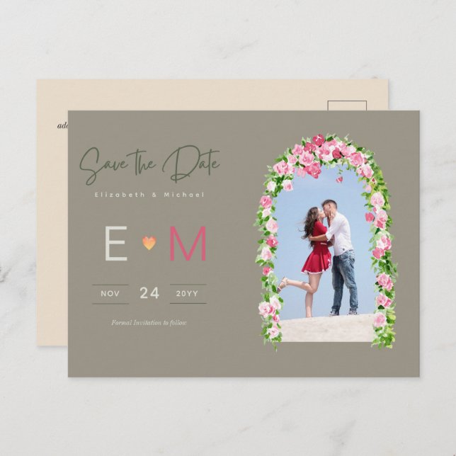 Photo Wedding Save the Date Pink Floral Postcard (Front/Back)