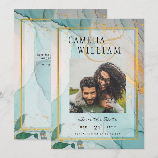 PHOTO WEDDING SAVE THE DATE Teal Gold Ink LeahG Invitation (Front/Back)