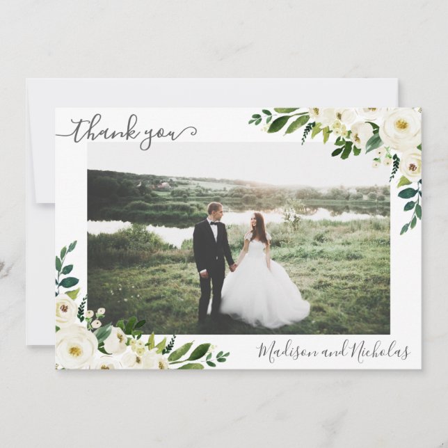Photo Wedding Thank You Cards with White Flowers (Front)