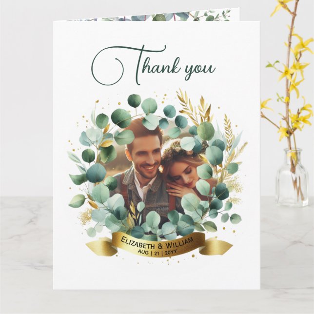 PHOTO Wedding Thank You Eucalyptus Leaves Gift   Card (Yellow Flower)
