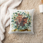 PHOTO Wedding Thank You Eucalyptus Leaves Gift   Throw Pillow<br><div class="desc">Photo and text template wedding,  newlyweds,  anniversary event item with a Eucalyptus,  greenery leaves,  with gold accents theme.</div>