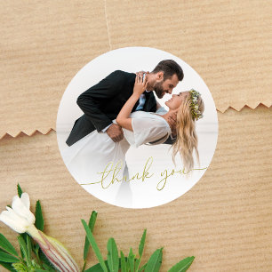 Photo Wedding Thank You Gold Script Circle  Classic Round Sticker