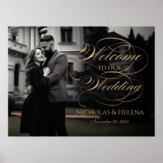 Photo wedding welcome sign elegant gold script (Front)