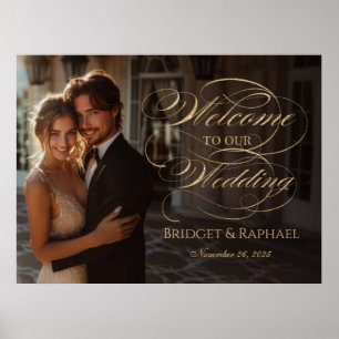 Photo wedding welcome sign, elegant gold script poster