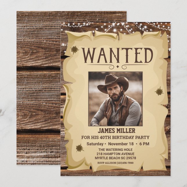Photo Western Funny Wanted Poster 40TH Birthday  Invitation (Front/Back)