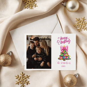 Photo Whimsical Pink Christmas Tree Holiday Card