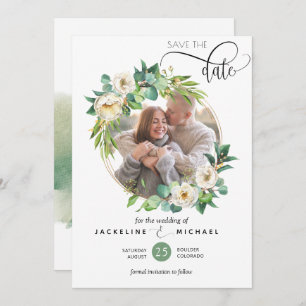 Photo, White and Greenery Wedding Save the Date