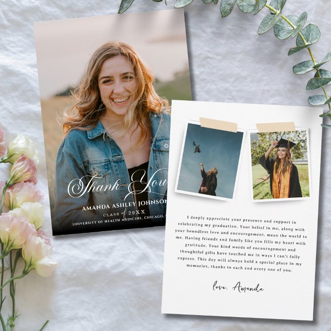 Photo White Black Graduation  Thank You Card (Creator Uploaded)