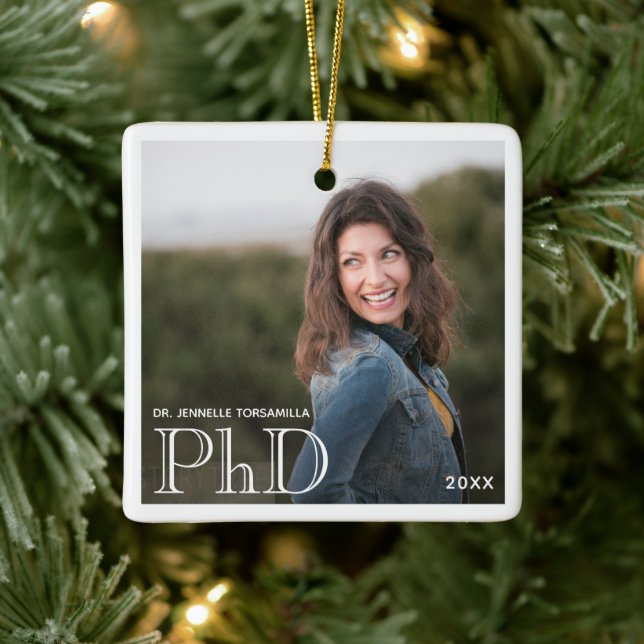 Photo White Border PhD Degree Name Year Graduation Ceramic Ornament (Tree)