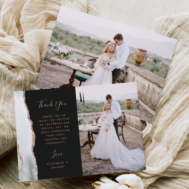 Photo White Grey Agate Rose Gold Dark Wedding Thank You Card (Creator Uploaded)
