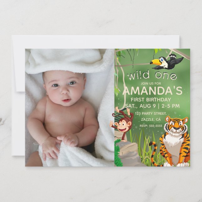 Photo Wild One Birthday Jungle Animals Party Invitation (Front)