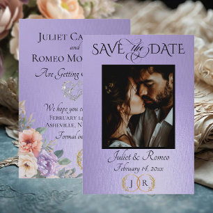 Photo, Wildflowers & Leaf Monogram - Blue Lilac Save The Date