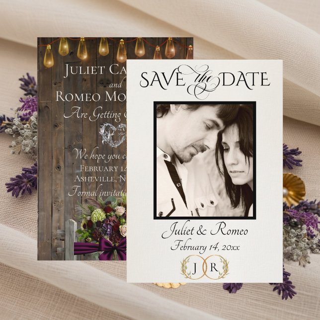 Photo, Wildflowers & Leaf Monogram - Plum Save The Date (Creator Uploaded)