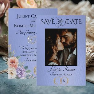 Photo, Wildflowers & Leaf Monogram - Sky Blue Save The Date