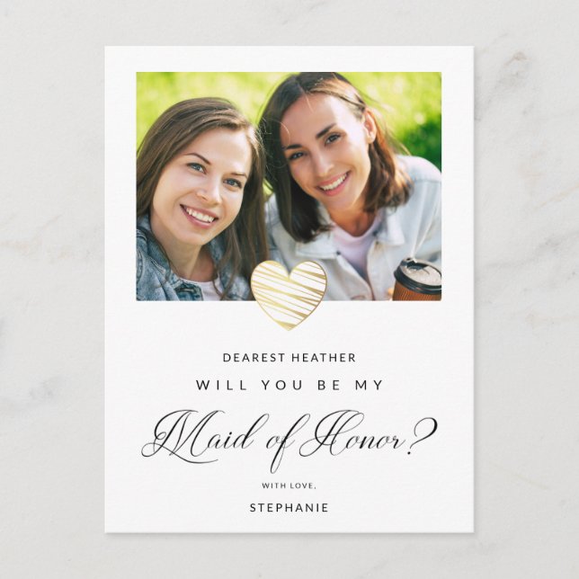 Photo Will You Be My Maid of Honor White Heart Postcard (Front)