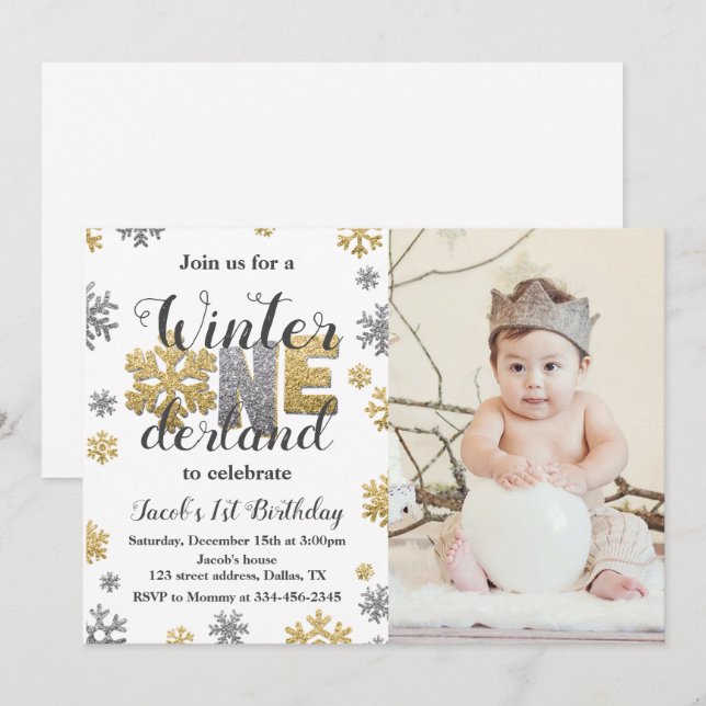 Photo Winter ONEderland Birthday Invitation Gold (Front/Back)