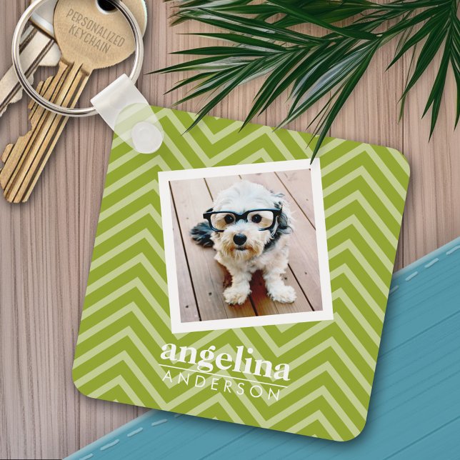 Photo with Chevron Pattern and Custom Name Keychain (Personalized keychain - add a photo and name)