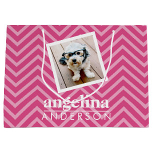 Photo with Chevron Pattern and Custom Name Large Gift Bag