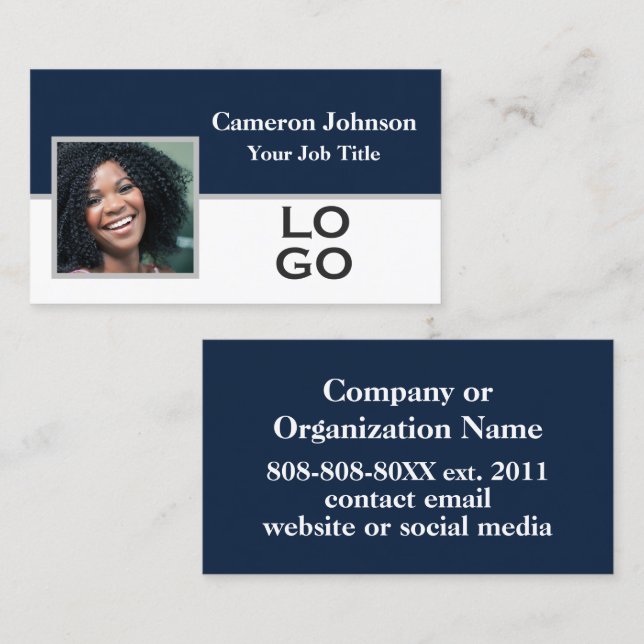 Photo with Custom Logo on Navy Blue Business Card (Front/Back)