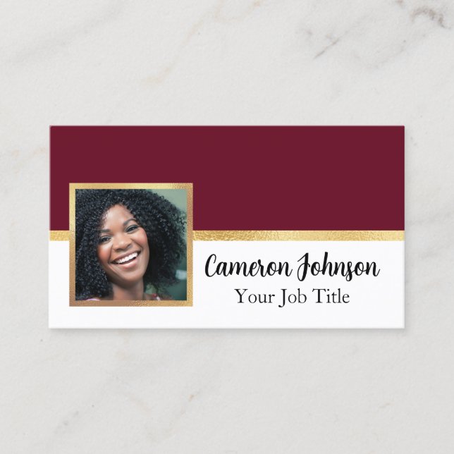 Photo with Elegant Script and Gold on Burgundy Business Card (Front)