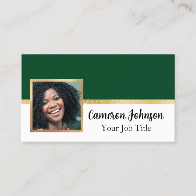 Photo with Elegant Script and Gold on Forest Green Business Card (Front)