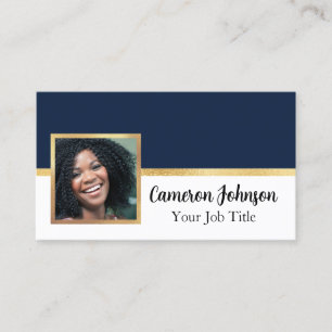 Photo with Elegant Script and Gold on Navy Blue Business Card