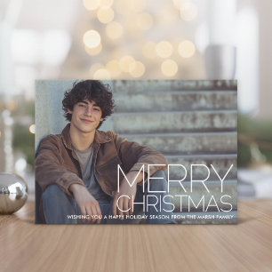 Photo with huge MERRY CHRISTMAS Red Green Plaid Holiday Card