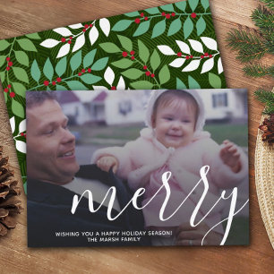 Photo with huge MERRY script white overlay - green Holiday Card