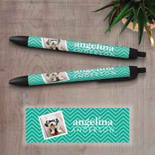 Photo with Modern Chevron Pattern and Custom Name Black Ink Pen