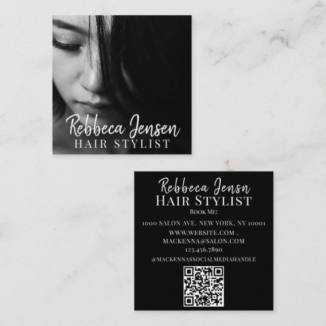 Photo with Modern Handwritten Script Hair Stylist Square Business Card (Front/Back)