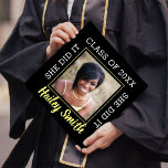 Photo with Name and Class Year Typography Graduation Cap Topper<br><div class="desc">This graduation cap topper design features your graduate's photo, a simple black background, modern typography, and calligraphy script. This topper has your graduate's name, class of (year), and the phrase "she did it". All of the these can be customized using the "personalize it" tool. These graduation cap toppers are a...</div>